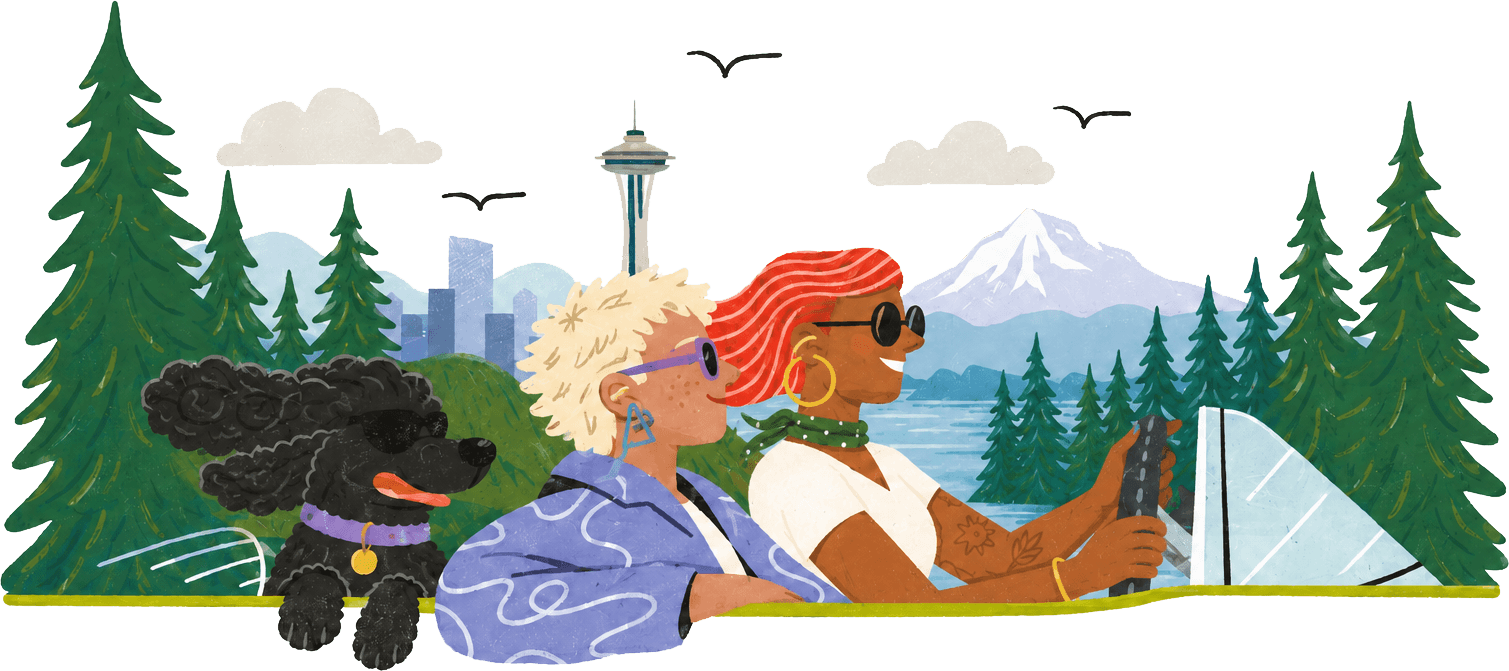 Illustrated road trip through Seattle with the Space Needle and Mount Rainier